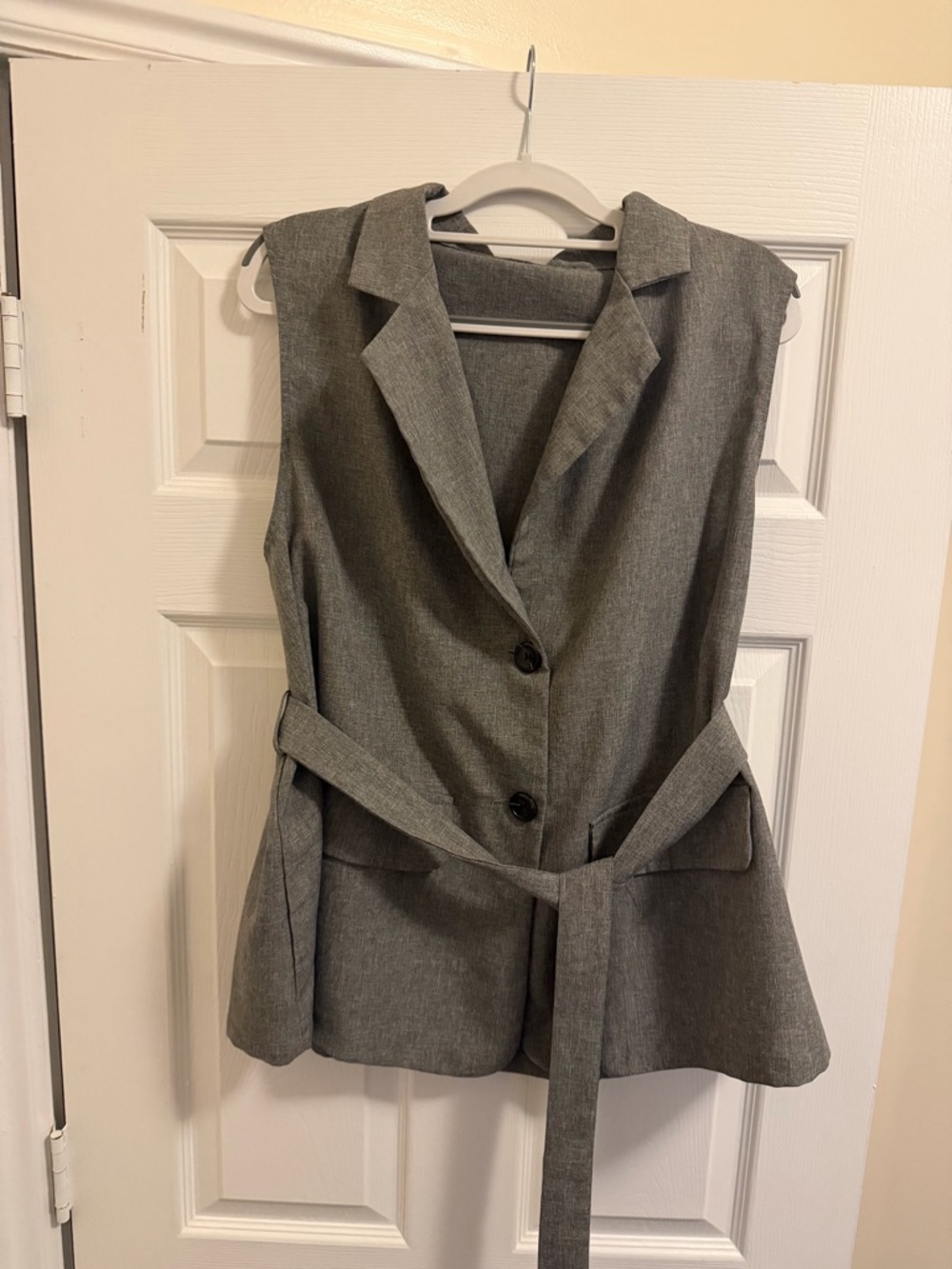 Sleeveless Grey Tailored Belted Vest Jacket